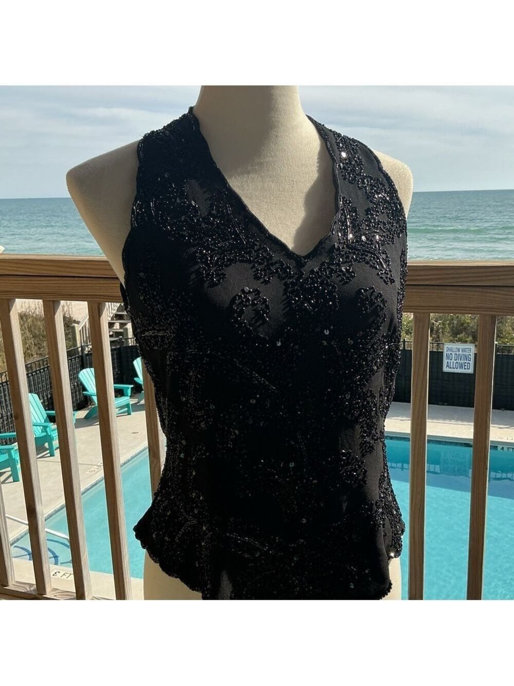 J Kara Black Sequin Halter Top